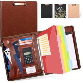 Ospelelf Zippered Padfolio Portfolio Folder, Leather Clipboard with Storage, 3 Ring Binder 1 Inch,12.1" Tablet Sleeve, 5 Dividers with Pocket, Refillable Notepad, Card Slot (Classic Black)