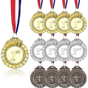 MOMOONNON 12 Pieces Metal Winner Gold Silver Bronze Award Medals with Red White Blue Neck Ribbon, Olympic Style, 2 Inch