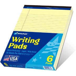 لوحة ملاحظات WritePads القانونية مقاس 8.5 × 11، لوحة كتابة مسطرة عريضة، ورق كناري، 6 عبوات، 50 ورقة لكل وسادة، دفتر ملاحظات مثقوب صغير، لوازم مكتبية (KSU-8348) - صنع في الولايات المتحدة الأمريكية