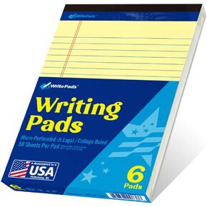Legal Pad 8.5 x 11 Note Pad, Wide Ruled Writing Pad, White Paper, 6-Pack, 50 Sheets Per Pad, Micro-Perforated Notepad, Office Supplies (KSU-8331) - Made in the USA