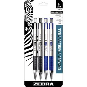 Zebra Pen Fine Point F 301, Combo Pack of 2 BLACK INK & 2 BLUE INK metal pens (Total of 4 Pens), Ballpoint Stainless Steel Retractable 0.7mm fine point ink pens