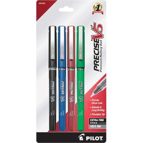 Pilot, Precise V5 RT Refillable & Retractable Liquid Ink Rolling Ball Pens, Extra Fine Point (0.5mm), Black/Blue/Green/Red, Pack of 4