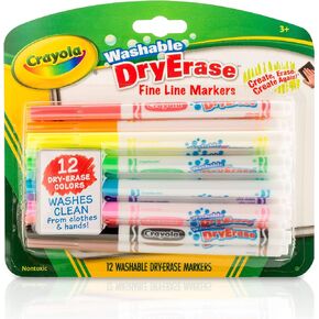 Crayola Washable Dry-Erase Fine Line Markers, 12 Classic Colors NonToxic Art Tools for Kids & Toddlers 3+
