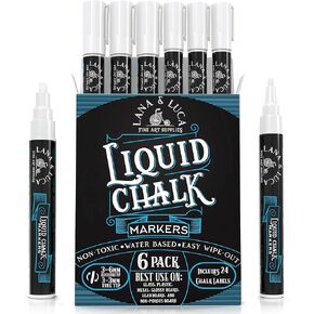 Liquid Chalk Marker Pen - White, Dry Erase for Chalkboard Signs, Windows, Blackboard, Glass with 24 Chalkboard Labels Included (6 Pack) 3-6mm Reversible Tip, 3-3mm Fine Tip