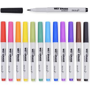 TWOHANDS Wet Erase Markers Ultra Fine Tip,0.7mm,Low Odor,Extra Fine Point,12 Assorted Colors,Whiteboard Markers for Office,Home,or Planning Dry Erase Board,20703