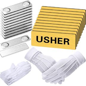Sabary 10 Pcs Magnetic Usher Tags with 10 Pairs White Nylon Cotton Gloves Reusable Usher Badges for Church Acrylic 1 x 3 Inch Name Tag with Magnet for Uniform Church Gatherings Supplies(Black)