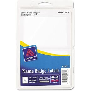 Avery 5147 Printable Self-Adhesive Name Badges, 2 1/3 x 3 3/8, White, 100/Pack