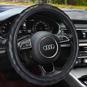 Heavy Duty Pure Cowhide Steering Wheel Cover, Black Genuine Leather Steering Wheel Cover Men Women Universal 14.5 to 15 Inch