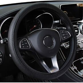 Leather Car Steering Wheel Cover, Classical Leather Automotive Steering Wheel Covers,Breathable, Non-Slip,Elastic, Universal 15 inch Steering Wheel Protector (Black)