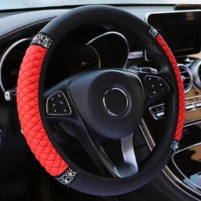 Soft Leather Car Steering Wheel Cover with Sparkly Crystal Diamond, Universal 15 Inch Colorful Rhinestones Elastic Steering Wheel Covers for Women (Black)