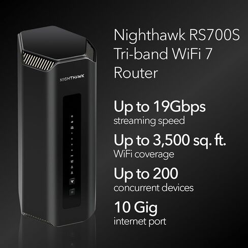 راوتر ألعاب NETGEAR Nighthawk ثلاثي الموجات WiFi 7 (RS700S) مع منفذ 10 جيجابايت - سرعة لاسلكية BE19000 (تصل إلى 19 جيجابت في الثانية) - تغطية تصل إلى 3500 قدم مربع، 200 جهاز - يشمل اشتراك Armor لمدة عام in Kuwait