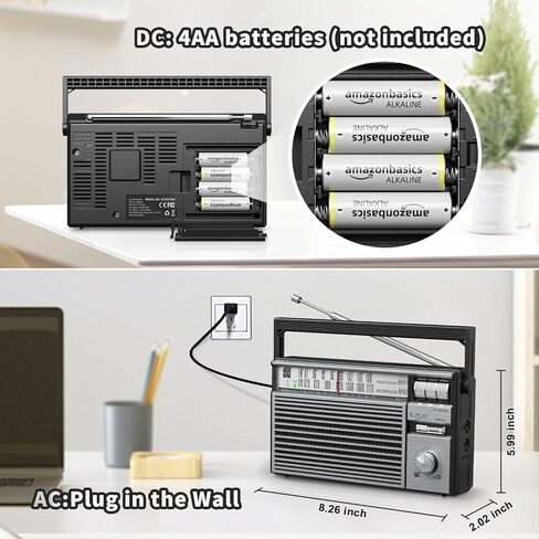 Audiocrazy Portable AM FM Radio Plug in Wall,Battery Operated Small Radio with Bluetooth for Home & Outdoor,Strong Reception,Large Dial,Headphone Jack,Aux in,Gift for Seniors in Saudi Arabia