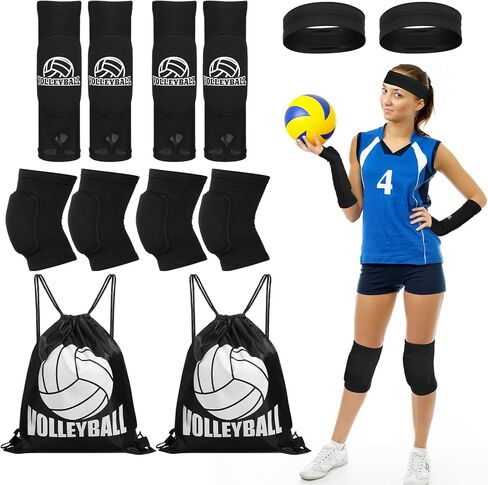 Meooeck 8 Pcs Volleyball Knee Pads Volleyball Accessories Set Volleyball Arm Sleeves with Thumbhole Volleyball Sweat Band Volleyball Drawstring Bag for Women Teen Girls Youth in Saudi Arabia