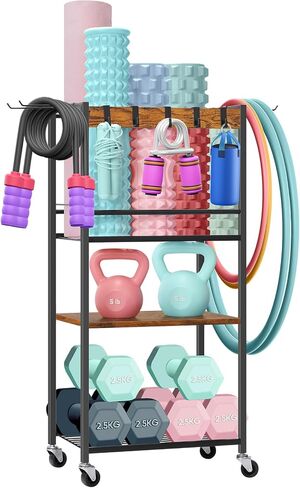 Home Gym Storage Rack, Yoga Mat Storage Racks, Workout Equipment Storage Organizer for Yoga Ball Dumbbell Kettlebells Foam Roller Resistance Bands, Exercise Shelf with Hooks and Wheels in Saudi Arabia