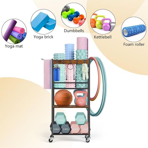 Home Gym Storage Rack, Yoga Mat Storage Racks, Workout Equipment Storage Organizer for Yoga Ball Dumbbell Kettlebells Foam Roller Resistance Bands, Exercise Shelf with Hooks and Wheels in Saudi Arabia