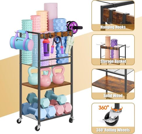 Home Gym Storage Rack, Yoga Mat Storage Racks, Workout Equipment Storage Organizer for Yoga Ball Dumbbell Kettlebells Foam Roller Resistance Bands, Exercise Shelf with Hooks and Wheels in Saudi Arabia