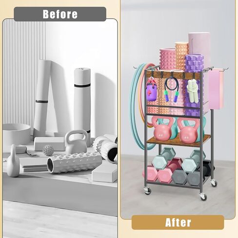 Home Gym Storage Rack, Yoga Mat Storage Racks, Workout Equipment Storage Organizer for Yoga Ball Dumbbell Kettlebells Foam Roller Resistance Bands, Exercise Shelf with Hooks and Wheels in Saudi Arabia