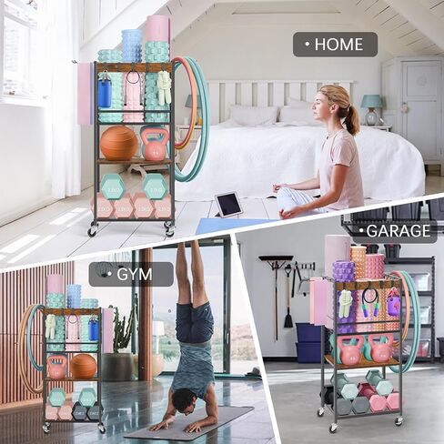 Home Gym Storage Rack, Yoga Mat Storage Racks, Workout Equipment Storage Organizer for Yoga Ball Dumbbell Kettlebells Foam Roller Resistance Bands, Exercise Shelf with Hooks and Wheels in Saudi Arabia
