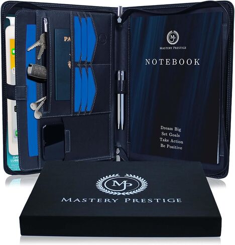 Mastery Prestige Zippered Portfolio/Padfolio Organizer - PU Leather Case with Tablet Sleeve, A4 Notebook, Phone & Business Cards Holders - Professional Interview Document Binder, File Folder in Saudi Arabia