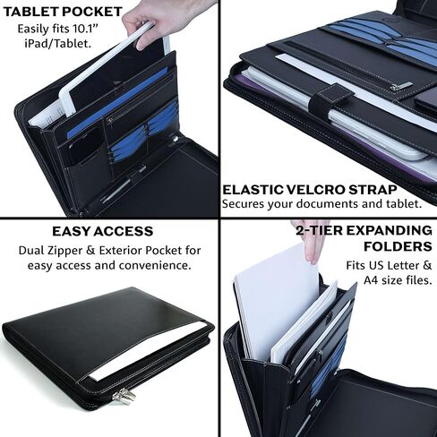 Mastery Prestige Zippered Portfolio/Padfolio Organizer - PU Leather Case with Tablet Sleeve, A4 Notebook, Phone & Business Cards Holders - Professional Interview Document Binder, File Folder in Saudi Arabia