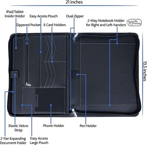 Mastery Prestige Zippered Portfolio/Padfolio Organizer - PU Leather Case with Tablet Sleeve, A4 Notebook, Phone & Business Cards Holders - Professional Interview Document Binder, File Folder in Saudi Arabia