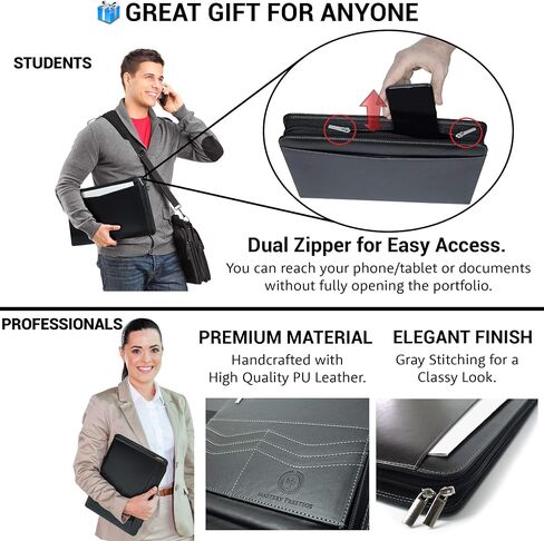 Mastery Prestige Zippered Portfolio/Padfolio Organizer - PU Leather Case with Tablet Sleeve, A4 Notebook, Phone & Business Cards Holders - Professional Interview Document Binder, File Folder in Saudi Arabia