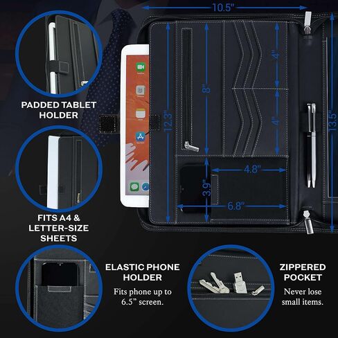 Mastery Prestige Zippered Portfolio/Padfolio Organizer - PU Leather Case with Tablet Sleeve, A4 Notebook, Phone & Business Cards Holders - Professional Interview Document Binder, File Folder in Saudi Arabia