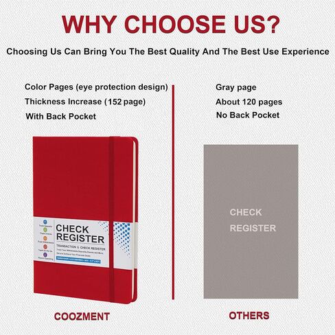 Coozment Check Register-Check registers for Personal Checkbook,Income and Expense Log Book,Account Checkbook Register,Colored Inner Page,Hardcover,5.7"×8.3"(Red) in Saudi Arabia