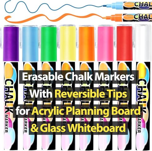 8 Liquid Chalk Markers with Reversible Tips for Acrylic Calendar Planning Boards Glass Dry Erase Board Whiteboard Wet Erase Markers for Window Mirror, Fine Bullet Tip and Chisel Tip in Kuwait