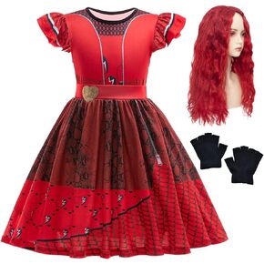 Girls Red Costume for Kids Rise Red Dress Princess Red Halloween Outfits with Wig and Gloves 3-9y
