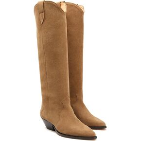 Suede Knee High Boots for Women Pointed Toe Cowboy Boots Chunky Low Heels Tall Long Boots Dressy Pull on Wide Calf Fashion Casual
