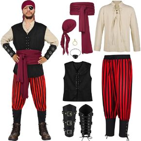 AOTHSO 8 Pieces Men's Pirate Costume Set Halloween Renaissance Cosplay Outfit Medieval Shirt Pants Viking Vest Headscarf Belt