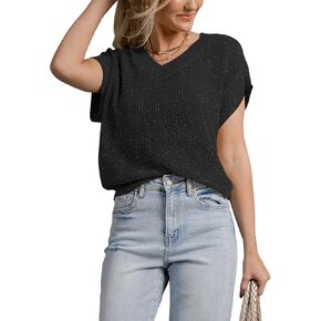 Cakulo Summer Crochet Tops for Women Short Sleeve V Neck Sheer Sparkly Knit Casual Sweater Top Beach Cover Up
