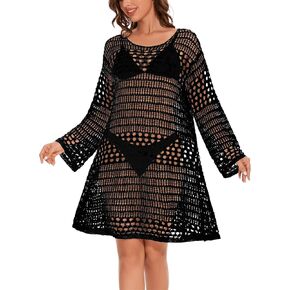 KEOMUD Women's Crochet Beach Dress 2024 Summer Hollow Out Swimsuit Cover Ups Long Sleeve Pool Mesh Bathing Suit Coverups