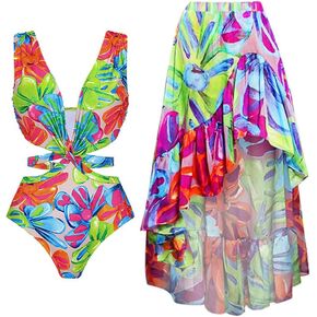Women’s One Piece Swimsuit 2 Pieces Floral Print Swimsuit and Beach Cover Up Wrap Skirt Sexy Beach Bikini Swimsuit Set