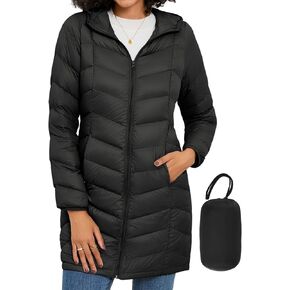 SLOW DOWN Women Lightweight Down Puffer Coat, Women Hooded Mid-Length Packable Winter Jacket with Packing Bag