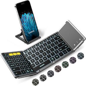 Samsers Foldable Bluetooth Keyboard with Touchpad, Full-Size Wireless Folding Keyboard with Backlight, Portable Travel Keyboard for iOS Android Windows Mac OS, Support 3 Device(BT5.1 x 3), Black