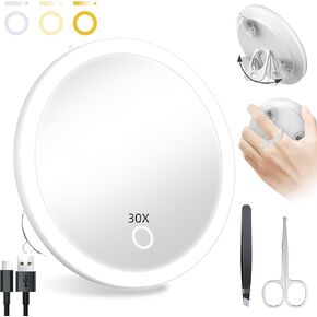 Lighted 30X Magnifying Mirror, 30X Makeup Magnifying Mirror with Suction Cups, Ring Handheld Magnifying Mirror with 3 Color Lights Rechargeable 5'' Travel Magnification Mirror with Tweezers & Scissors