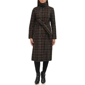 Kenneth Cole Women's Wool Coat, Full Length Brown Plaid, X-Small