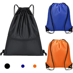 3 Pcs Drawstring Backpack,Gym Drawstring Sport Sackpack,Pull String Cinch Swim Backpack For Men Women,Water Resistant String Back Bags (Large-Black with Zipper Pocket, Small-Blue and Orange)