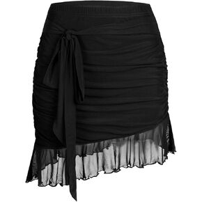 Avanova Women Mesh Ruffle Ruched Bodycon Mini Skirt Knotted Asymmetrical High Waisted Short Skirt