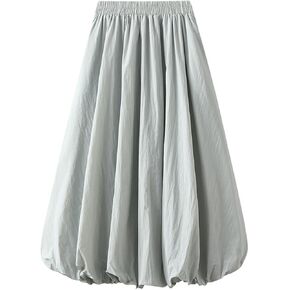 Femiserah Women's Elastic Waist A Line Midi Bubble Skirt Pompom Skirt Casual Lantern Skirt