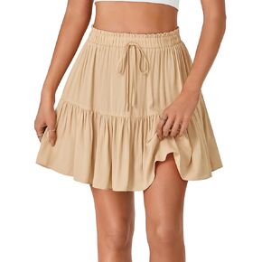 LYANER Women's Elastic Waist Knot Pleated Layered Ruffle Hem Flowy A Line Short Skirt