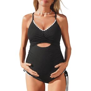 Ribbed Maternity Swimsuit One Piece Shell Stitched Pregnancy Bathing Suit Cutout Tie Back Swimwear