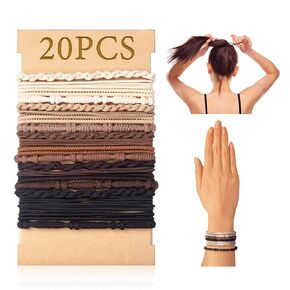 40 PCS Boho Hair Ties, Hair Tie Bracelets for Women, 4 Styles Brown Hair Ties No Damage, Boho Hair Accessories for Teen Girls' Ponytail Holders
