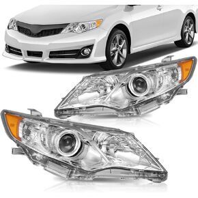 Headlight Assembly Compatible with 2012 2013 2014 Toyota Camry Headlights, 2PCS Head Lights Headlamp For 12 13 14 Camry Replacement Driver Passenger Side, Chrome Housing Amber