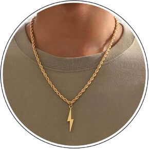 Lightning Bolt Necklace Gold Thunder Pendant Necklace Vintage Lightning Charms Rope Chain Necklace Long Sweater Chain Necklace Jewelry for Women Men