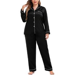 SWOMOG Plus Size Pajama Set for Women Silk Satin Pajamas Long Sleeve Sleepwear Button Down PJs Soft Pj Set with Chest Pocket