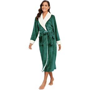RONGTAI Plush Fleece Bathrobe for Women, Long Robe with Two Side Pockets and Belt, Warm and Cozy Fluffy Sleepwear Nightgown
