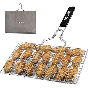 AIZOAM Grill Basket Stainless Steel BBQ Grilling Basket Large Folding Grill Basket with Removable Handle. Grill Basket for Fish,Vegetables Great Useful BBQ Accessories Grilling Gifts for Men Dad